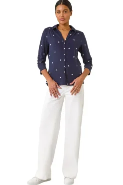 Roman Navy Embroidered V-Neck Cotton Shirt