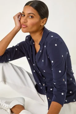 Roman Navy Embroidered V-Neck Cotton Shirt