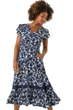 Roman Navy Floral Button Down Frill Midi Dress