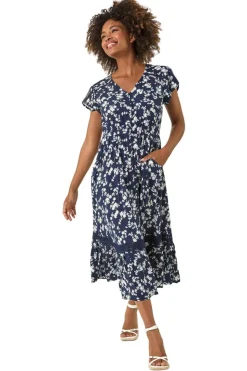 Roman Navy Floral Button Down Frill Midi Dress