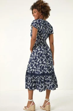 Roman Navy Floral Button Down Frill Midi Dress