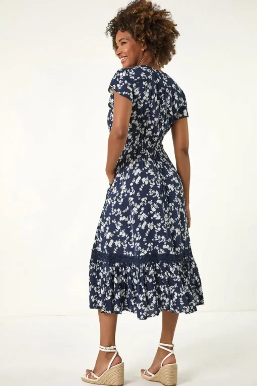 Roman Navy Floral Button Down Frill Midi Dress