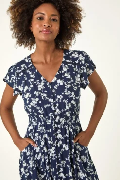 Roman Navy Floral Button Down Frill Midi Dress