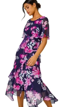 Roman Navy Floral Chiffon Frill Asymmetric Midi Dress