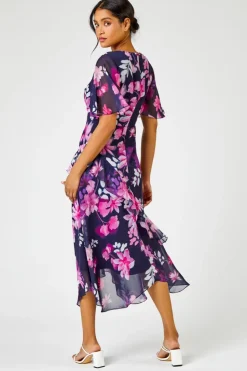 Roman Navy Floral Chiffon Frill Asymmetric Midi Dress
