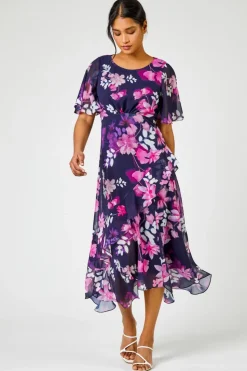 Roman Navy Floral Chiffon Frill Asymmetric Midi Dress