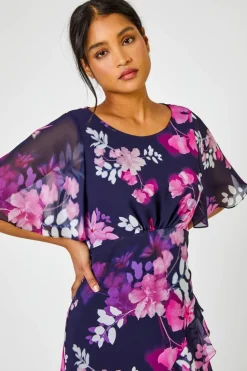 Roman Navy Floral Chiffon Frill Asymmetric Midi Dress