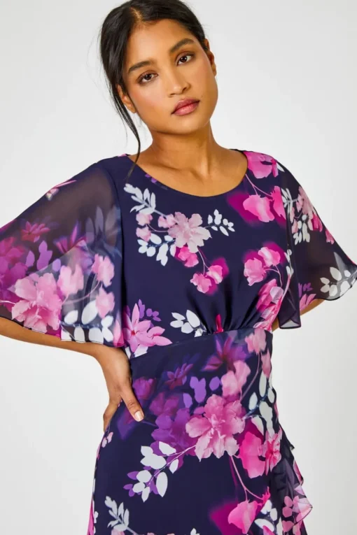 Roman Navy Floral Chiffon Frill Asymmetric Midi Dress