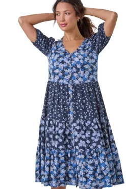 Roman Navy Floral Cotton Blend Tiered Smock Dress