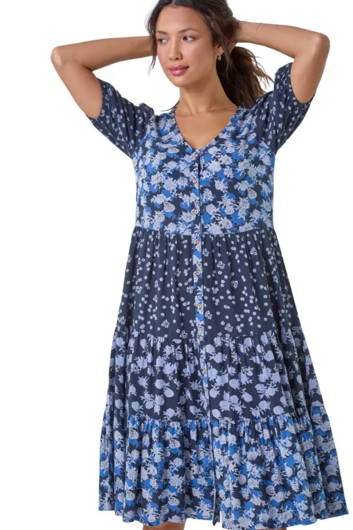 Roman Navy Floral Cotton Blend Tiered Smock Dress