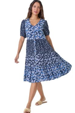 Roman Navy Floral Cotton Blend Tiered Smock Dress