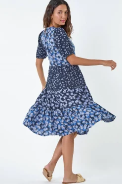 Roman Navy Floral Cotton Blend Tiered Smock Dress