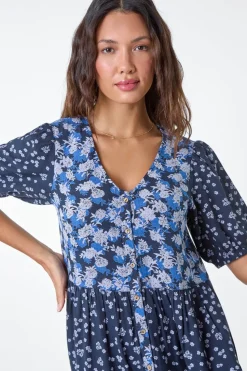 Roman Navy Floral Cotton Blend Tiered Smock Dress