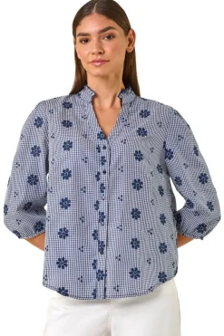 Roman Navy Floral Embroidered V Neck Blouse