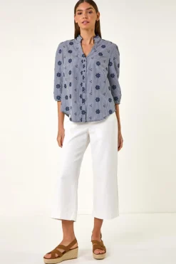 Roman Navy Floral Embroidered V Neck Blouse