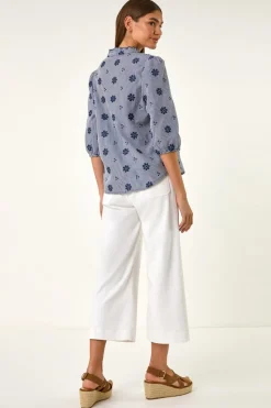 Roman Navy Floral Embroidered V Neck Blouse