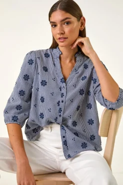 Roman Navy Floral Embroidered V Neck Blouse