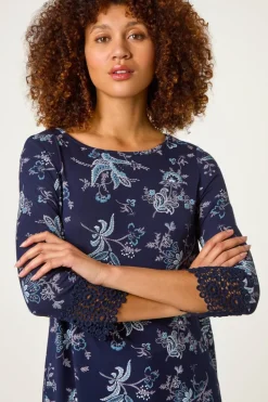 Roman Navy Floral Lace Cuff Stretch Top