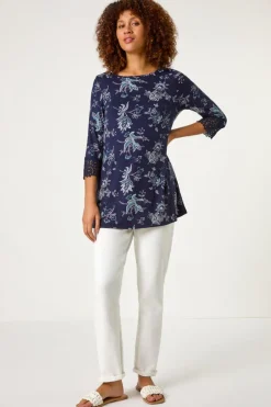 Roman Navy Floral Lace Cuff Stretch Top