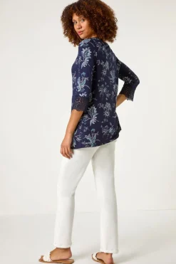 Roman Navy Floral Lace Cuff Stretch Top