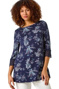 Roman Navy Floral Lace Cuff Stretch Top