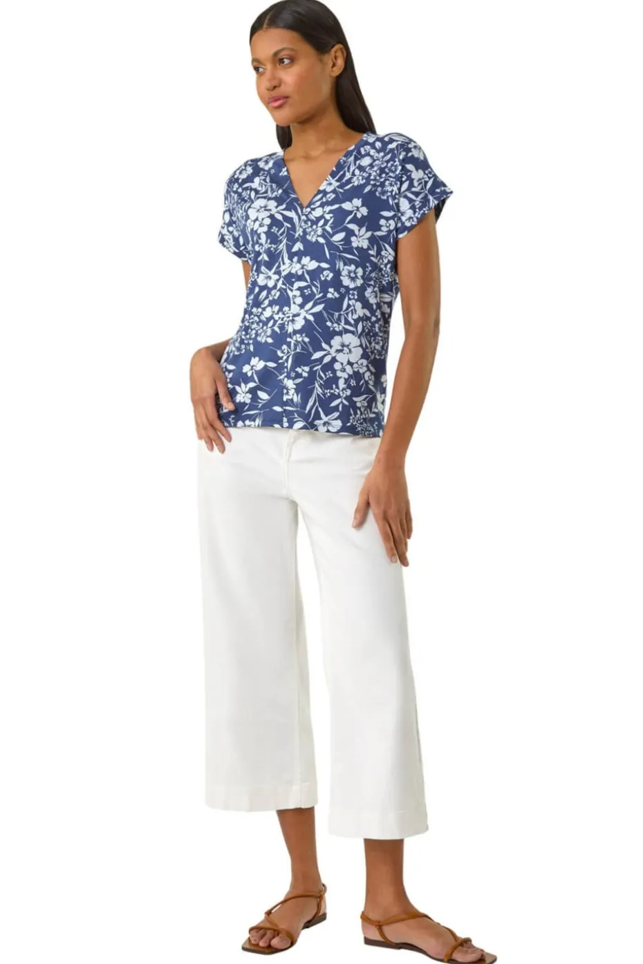 Roman Navy Floral Notch Neck T Shirt