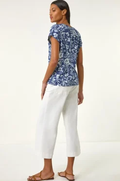 Roman Navy Floral Notch Neck T Shirt