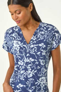 Roman Navy Floral Notch Neck T Shirt