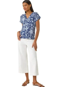 Roman Navy Floral Notch Neck T Shirt