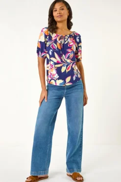 Roman Navy Floral Print Bardot Stretch Top
