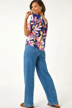 Roman Navy Floral Print Bardot Stretch Top