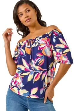 Roman Navy Floral Print Bardot Stretch Top