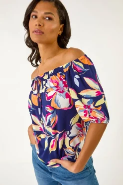 Roman Navy Floral Print Bardot Stretch Top