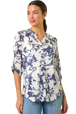 Roman Navy Floral Print Burnout V-Neck Shirt