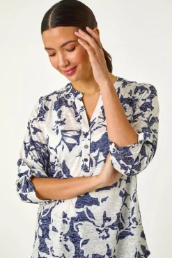Roman Navy Floral Print Burnout V-Neck Shirt