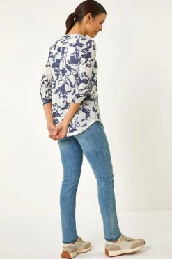 Roman Navy Floral Print Burnout V-Neck Shirt