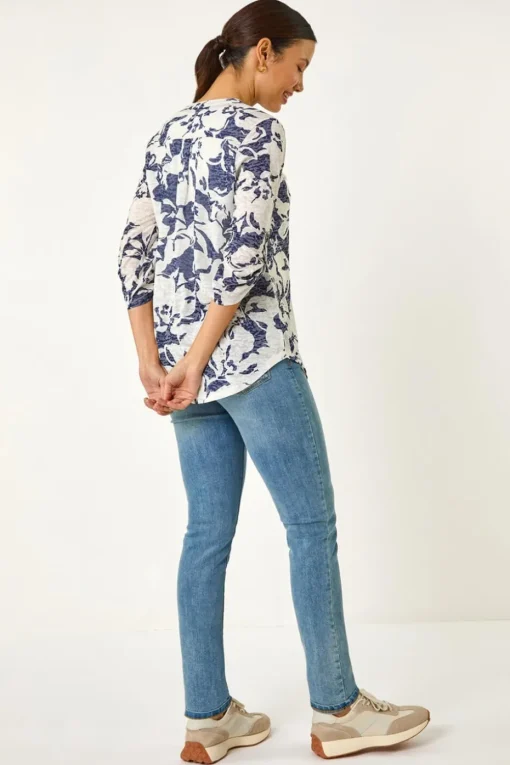 Roman Navy Floral Print Burnout V-Neck Shirt