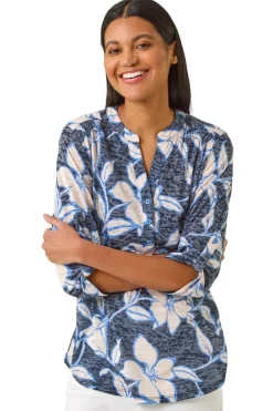Roman Navy Floral Print Burnout V-Neck Shirt