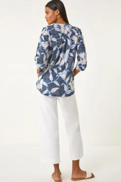 Roman Navy Floral Print Burnout V-Neck Shirt