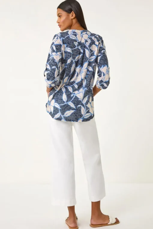 Roman Navy Floral Print Burnout V-Neck Shirt