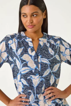 Roman Navy Floral Print Burnout V-Neck Shirt