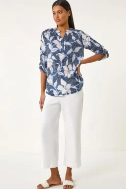 Roman Navy Floral Print Burnout V-Neck Shirt