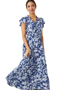 Roman Navy Floral Print Frill Detail Midi Dress