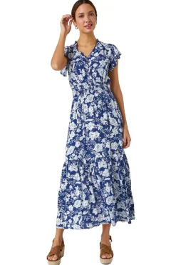 Roman Navy Floral Print Frill Detail Midi Dress