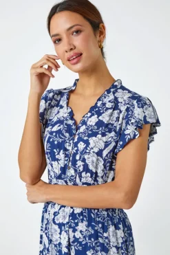 Roman Navy Floral Print Frill Detail Midi Dress