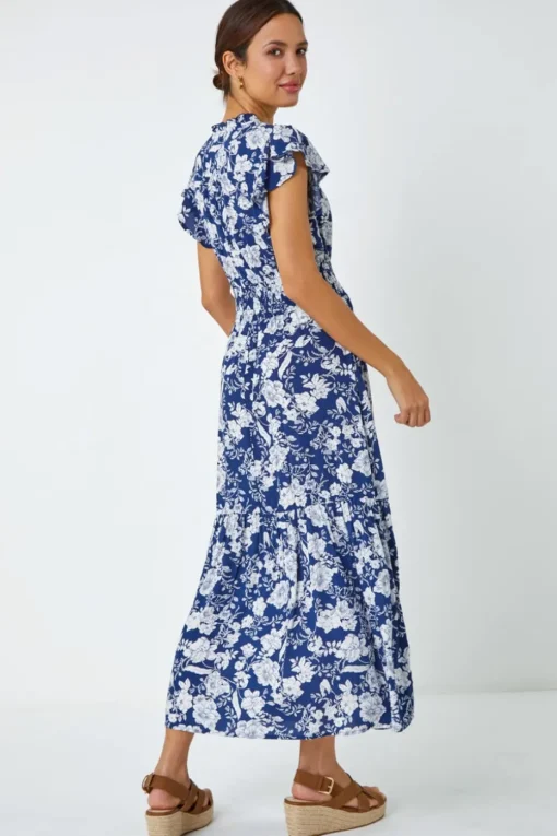 Roman Navy Floral Print Frill Detail Midi Dress