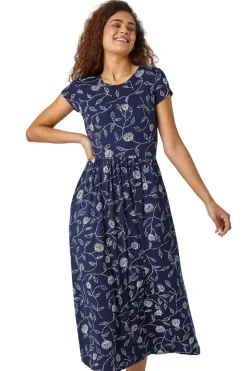 Roman Navy Floral Print Midi Stretch Dress