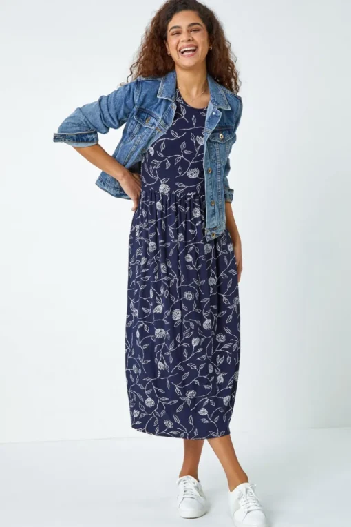 Roman Navy Floral Print Midi Stretch Dress