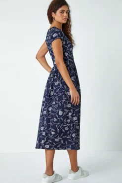 Roman Navy Floral Print Midi Stretch Dress