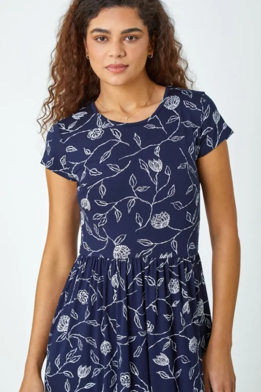 Roman Navy Floral Print Midi Stretch Dress
